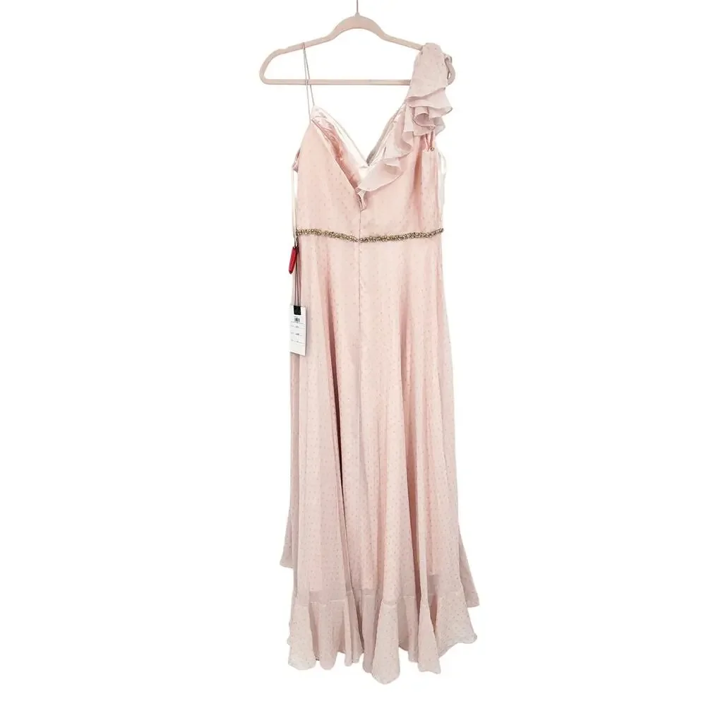 Mac Duggal 49330 Salmon Ruffle Slit Metallic Polka Dot Sleeveless‎ Gown Size 10